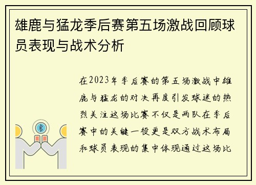 雄鹿与猛龙季后赛第五场激战回顾球员表现与战术分析